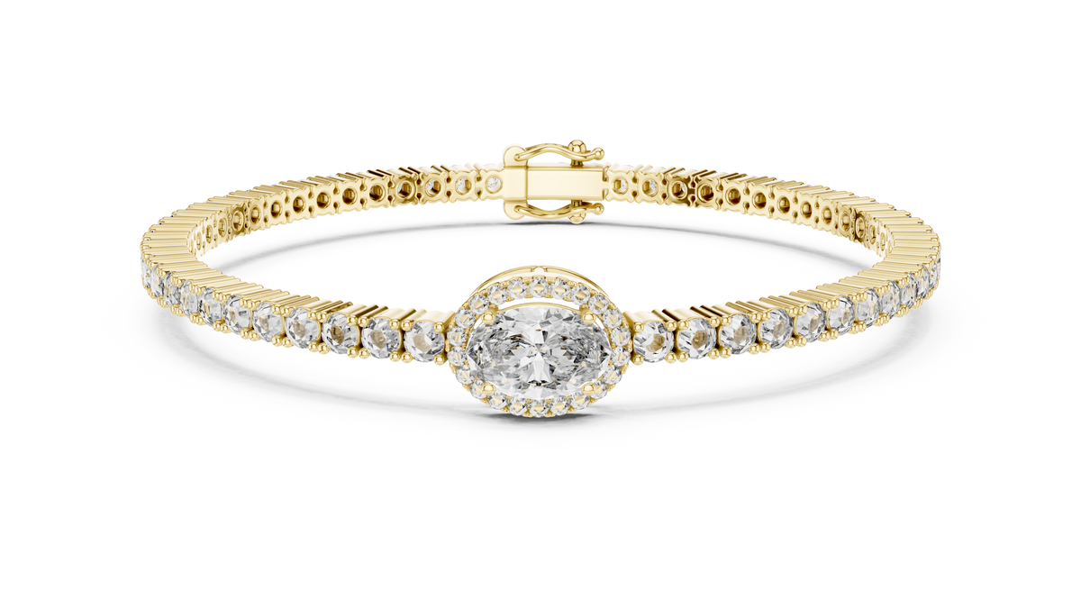 Tennisarmband met ronde diamanten en ovaal halomiddenstuk — aanzicht 1