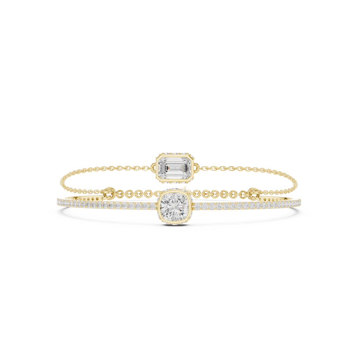 Armband met emerald- en kussengeslepen diamantduo — aanzicht 1