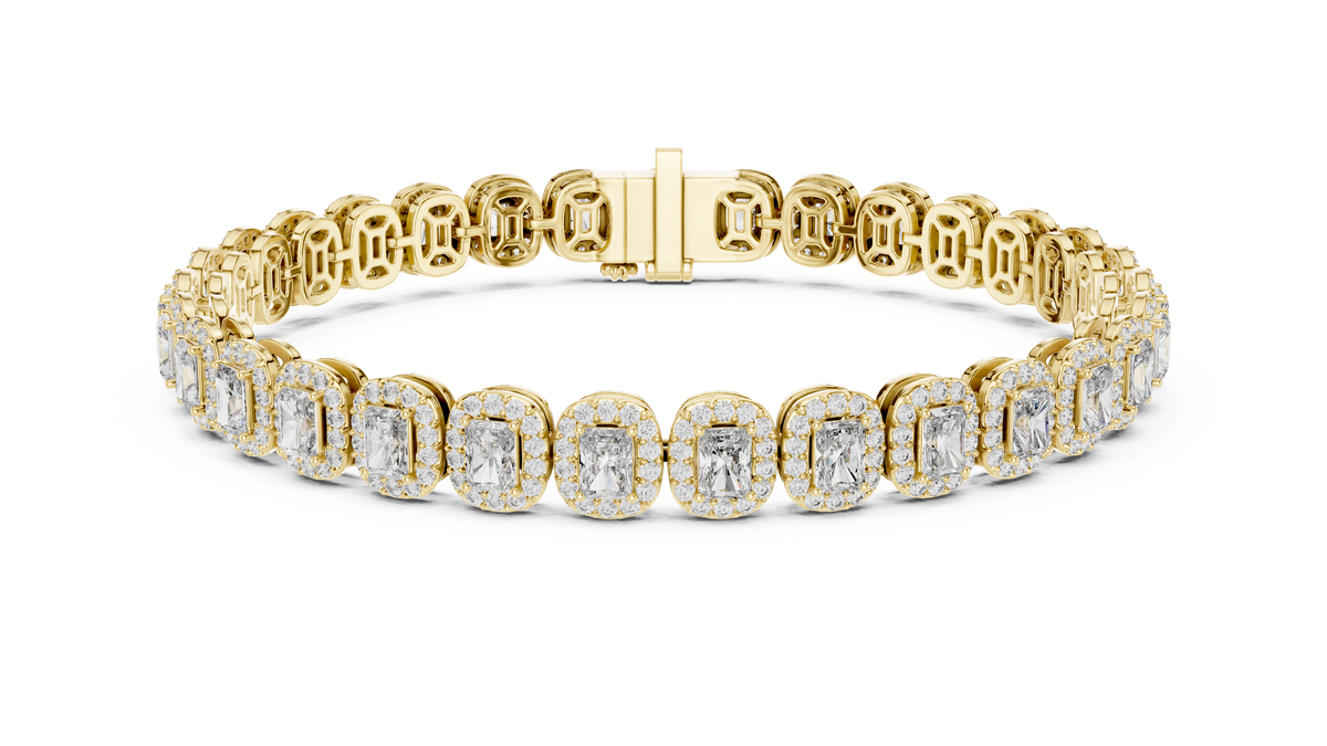 Tennisarmband met radiantgeslepen diamanten en halo's — aanzicht 1