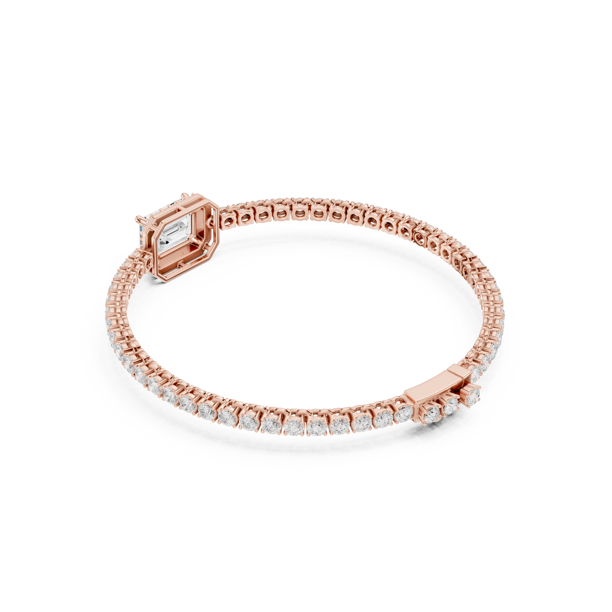 Tennisarmband met emeraldgeslepen diamant en halo — aanzicht 4