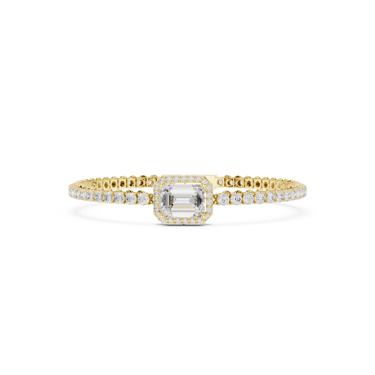 Tennisarmband met emeraldgeslepen diamant en halo — aanzicht 1