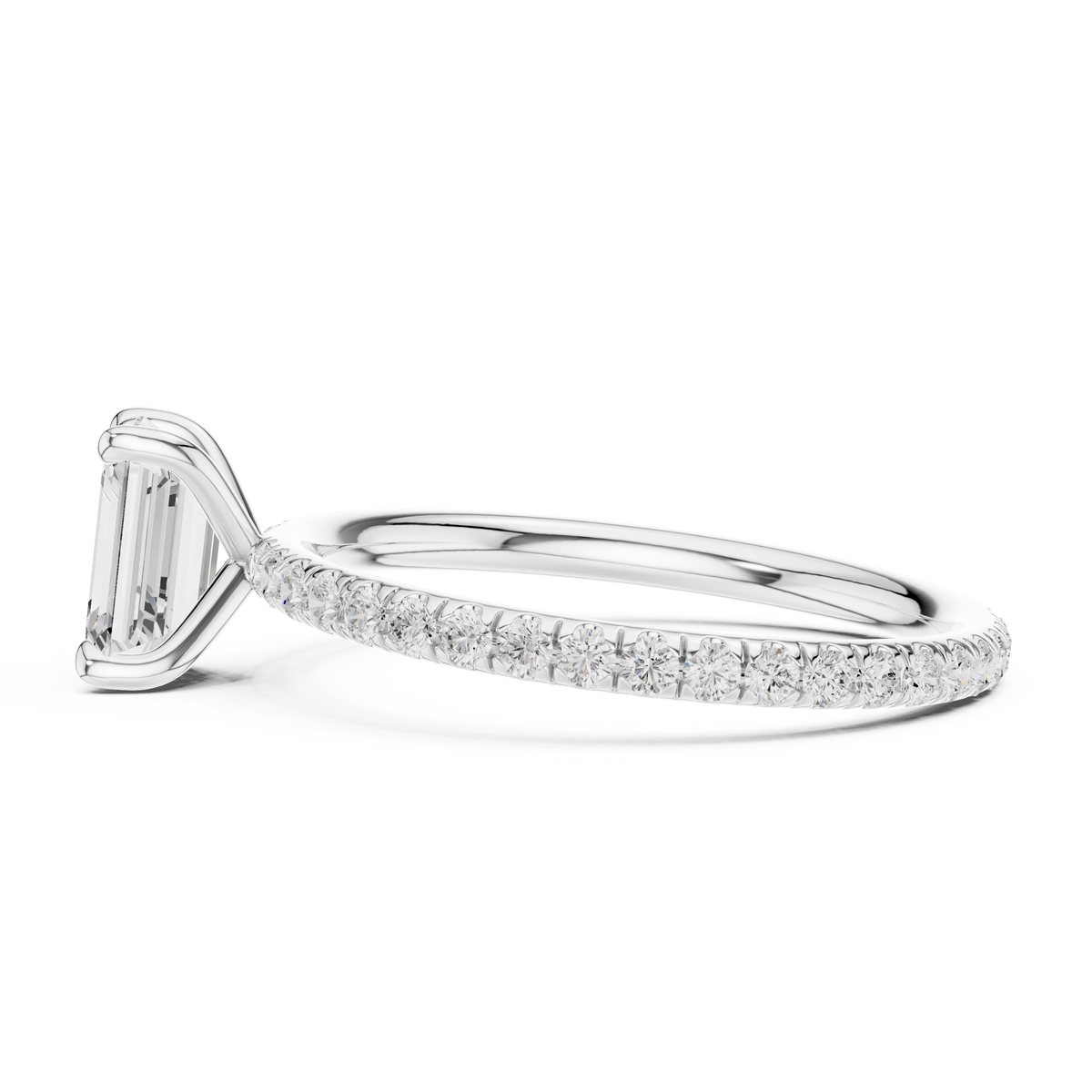 Pavéverlovingsring met emeraldgeslepen diamant in witgoud — aanzicht 12