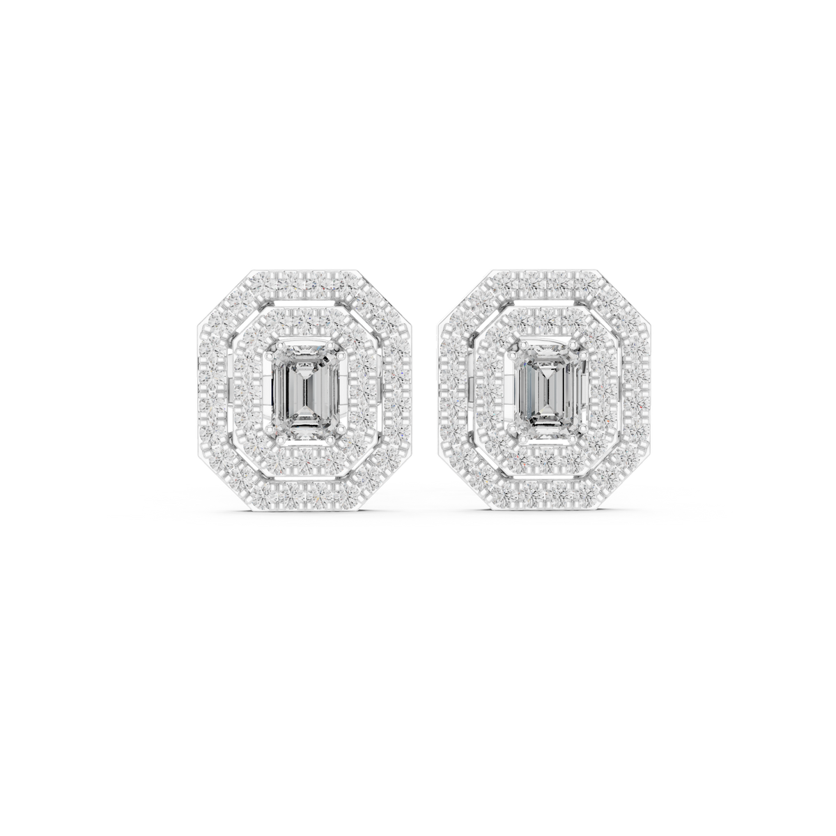 Double Halo Emerald-Cut Diamond Stud Earrings in white gold, view 7