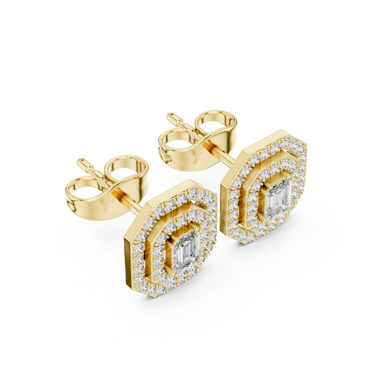 Double Halo Emerald-Cut Diamond Stud Earrings in yellow gold, view 1