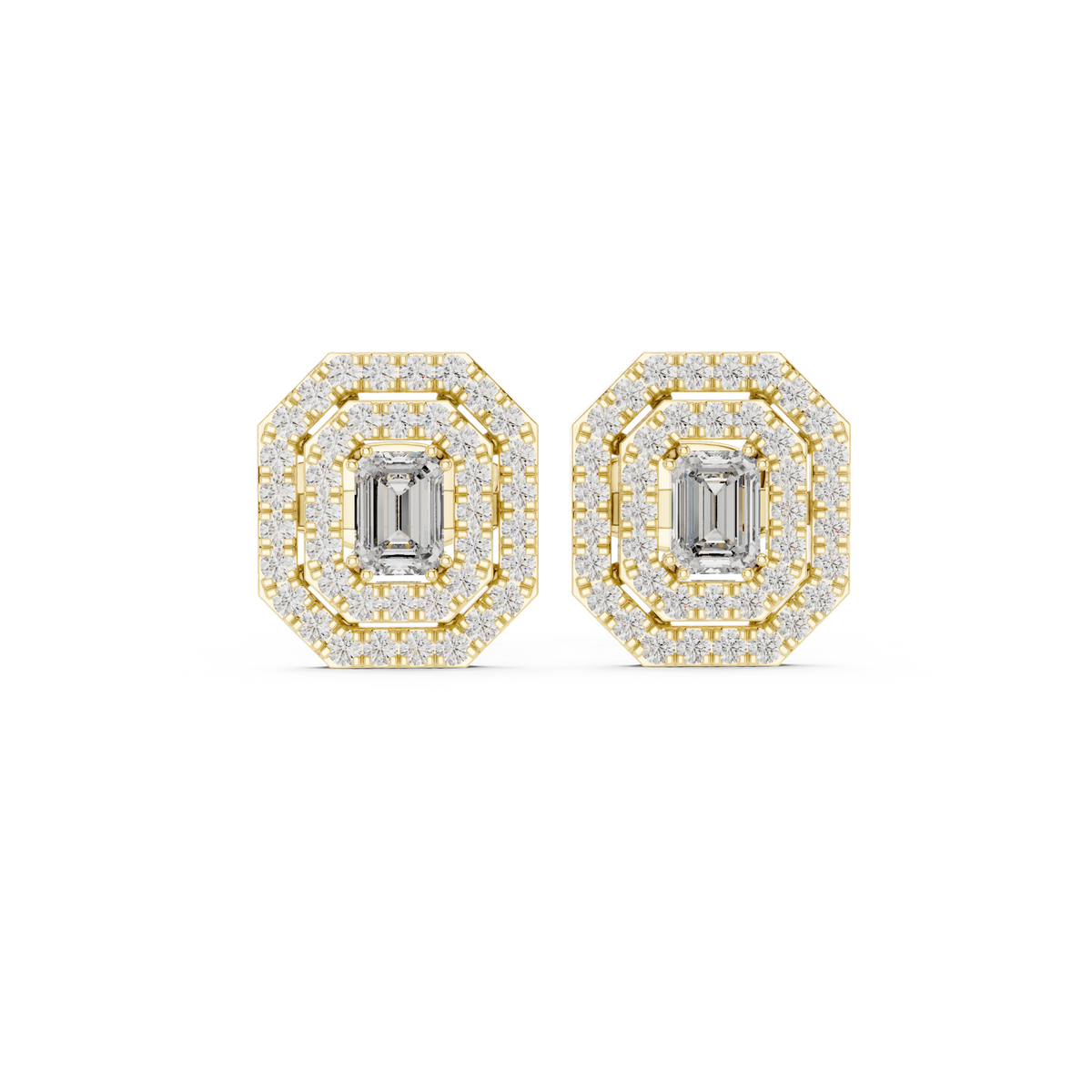 Double Halo Emerald-Cut Diamond Stud Earrings in yellow gold, view 9