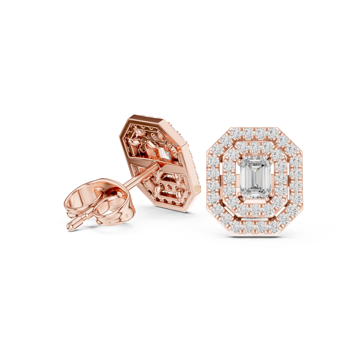 Double Halo Emerald-Cut Diamond Stud Earrings in rose gold, view 10