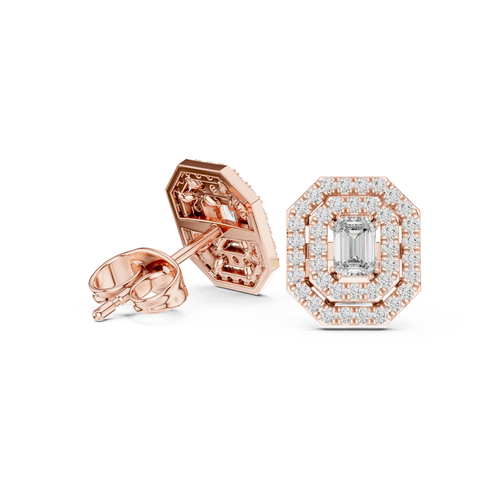 Oorstekers met emeraldgeslepen diamanten en dubbele halo in roségoud — aanzicht 10