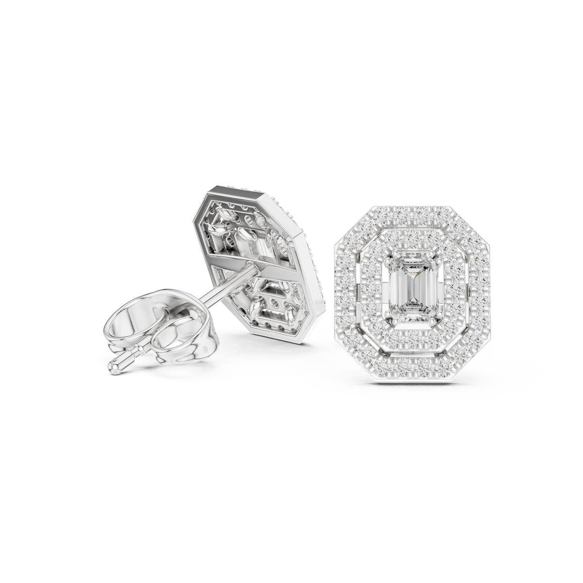 Double Halo Emerald-Cut Diamond Stud Earrings in white gold, view 11