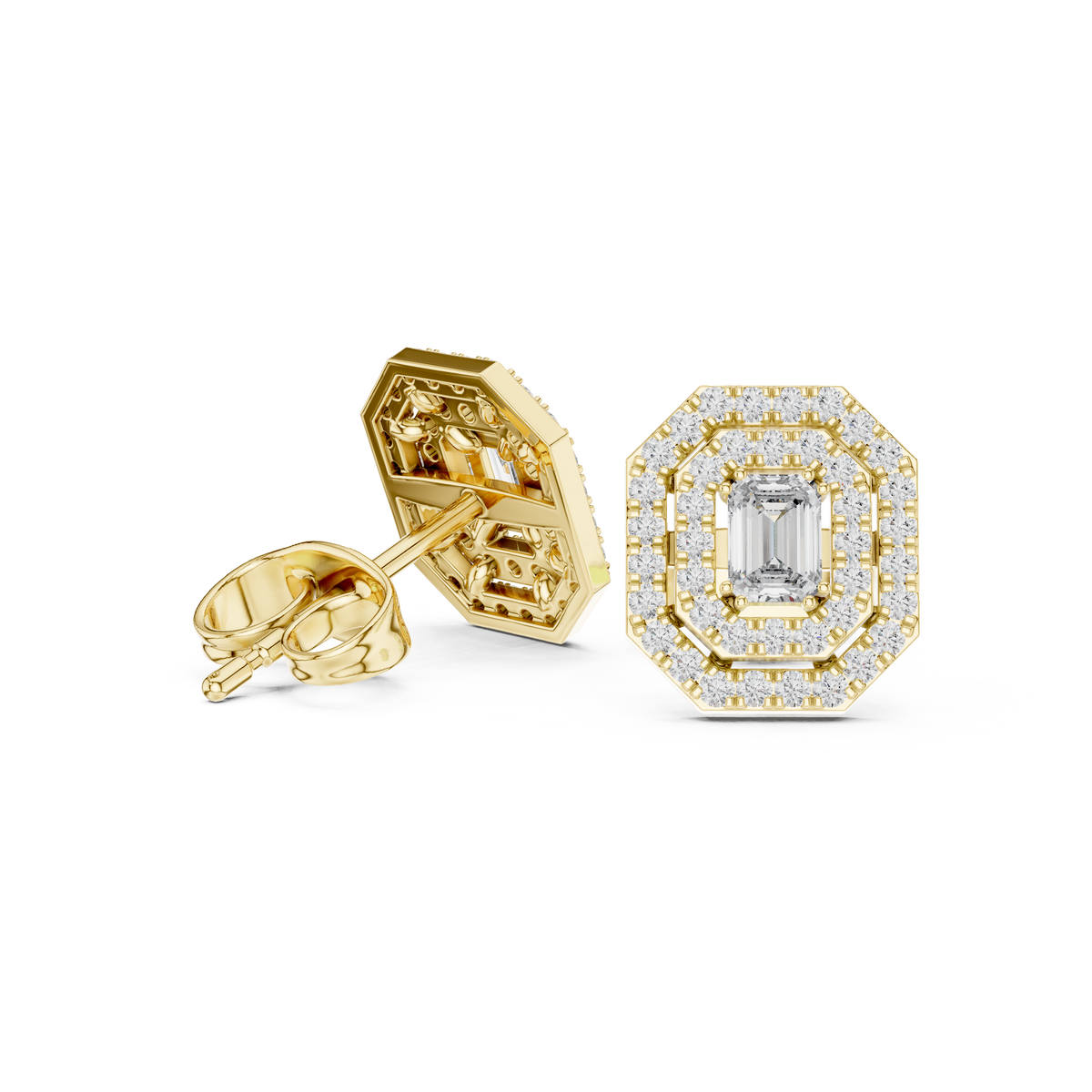 Double Halo Emerald-Cut Diamond Stud Earrings in yellow gold, view 12