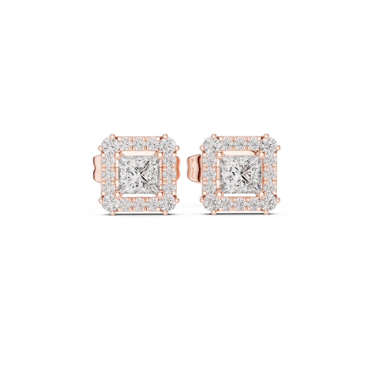 Halooorstekers met princessgeslepen diamanten in roségoud — aanzicht 5