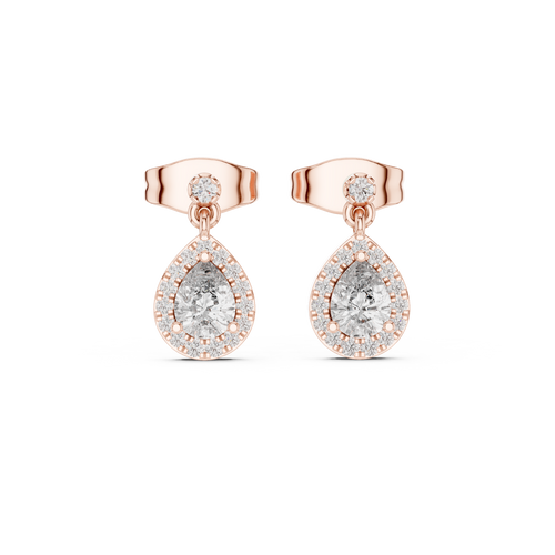 Oorstekers met peervormige diamanthangers en halo in roségoud — aanzicht 5