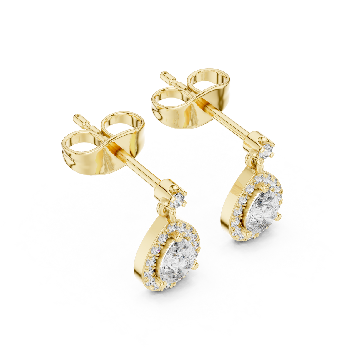 Pear Halo Diamond Drop Stud Earrings in yellow gold, view 1