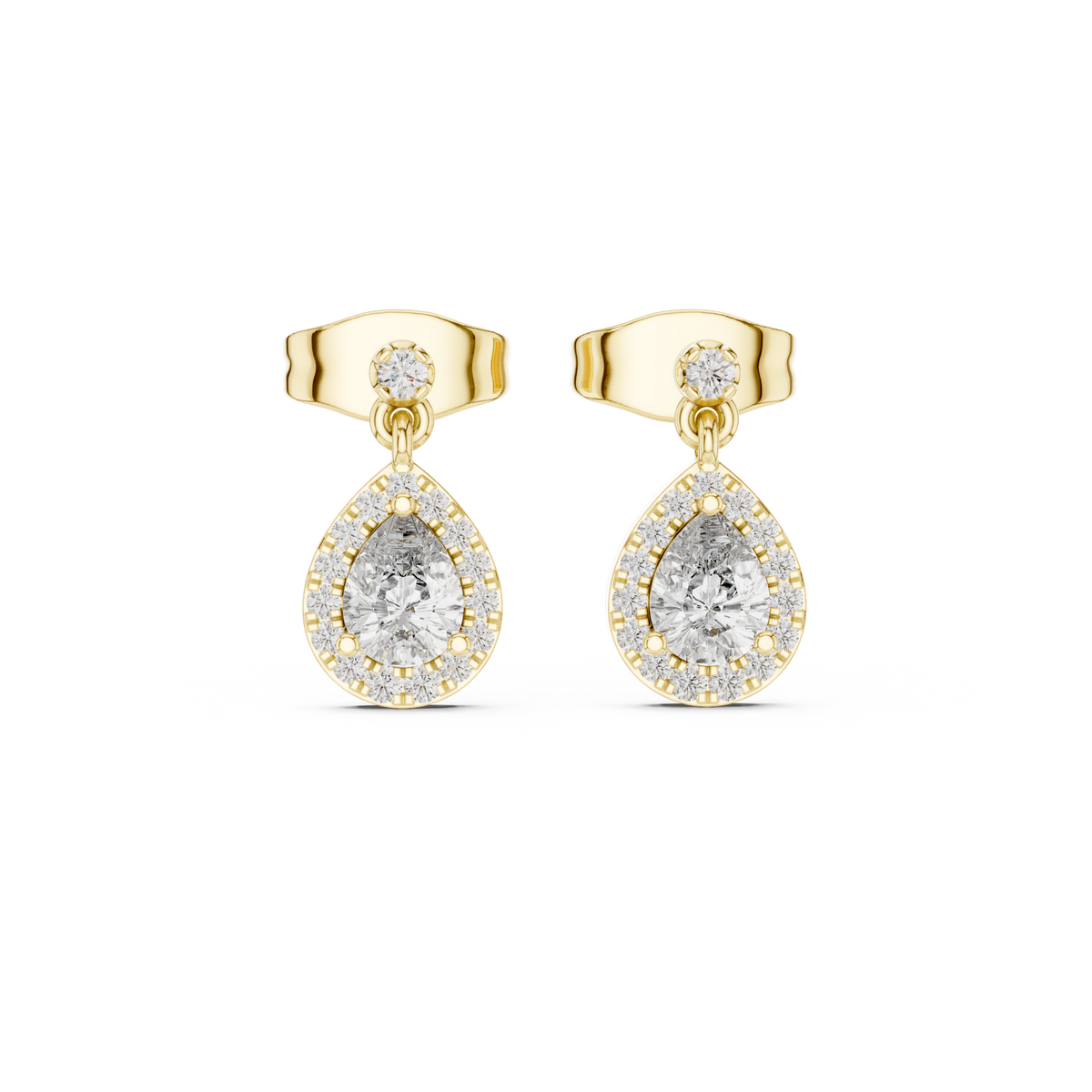 Pear Halo Diamond Drop Stud Earrings in yellow gold, view 9