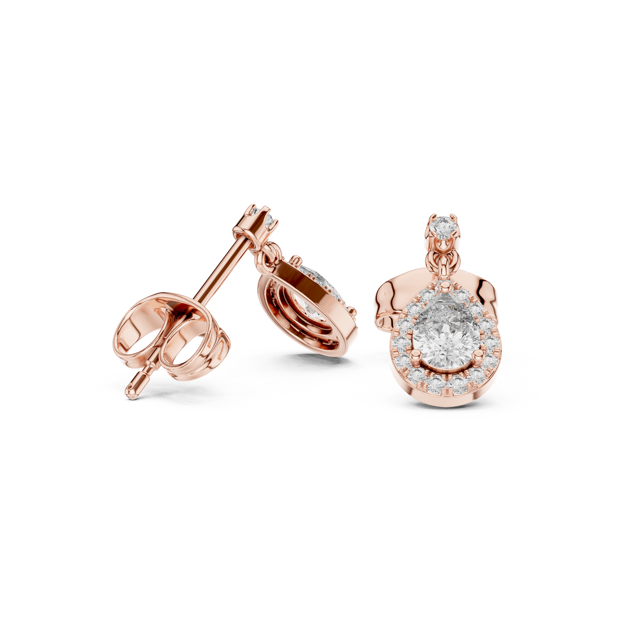 Pear Halo Diamond Drop Stud Earrings in rose gold, view 10