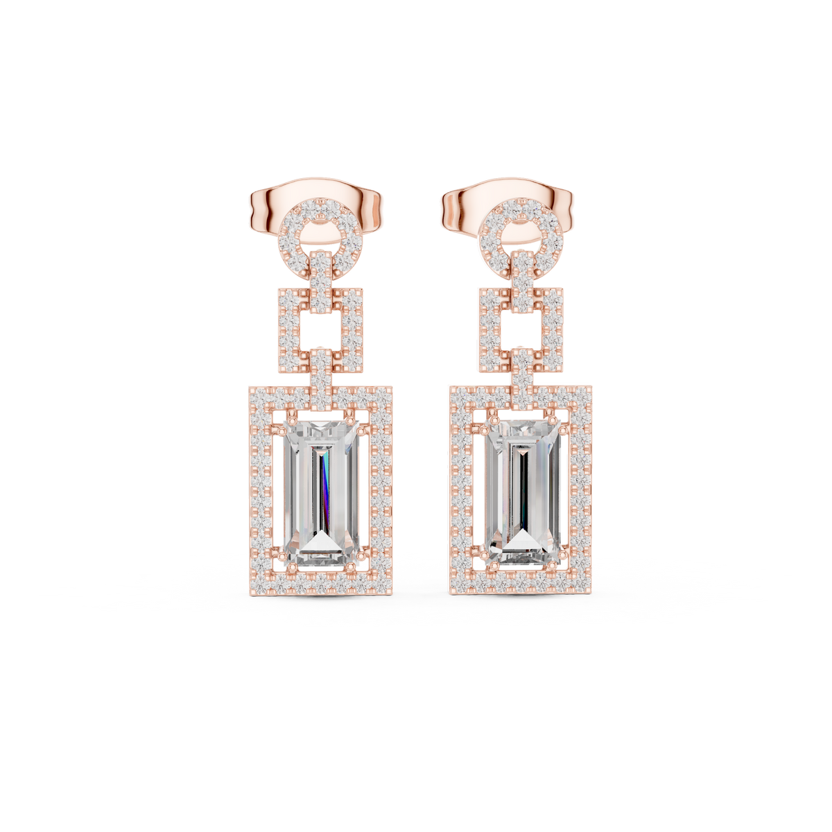Geometrische oorhangers met emeraldgeslepen diamanten in roségoud — aanzicht 5