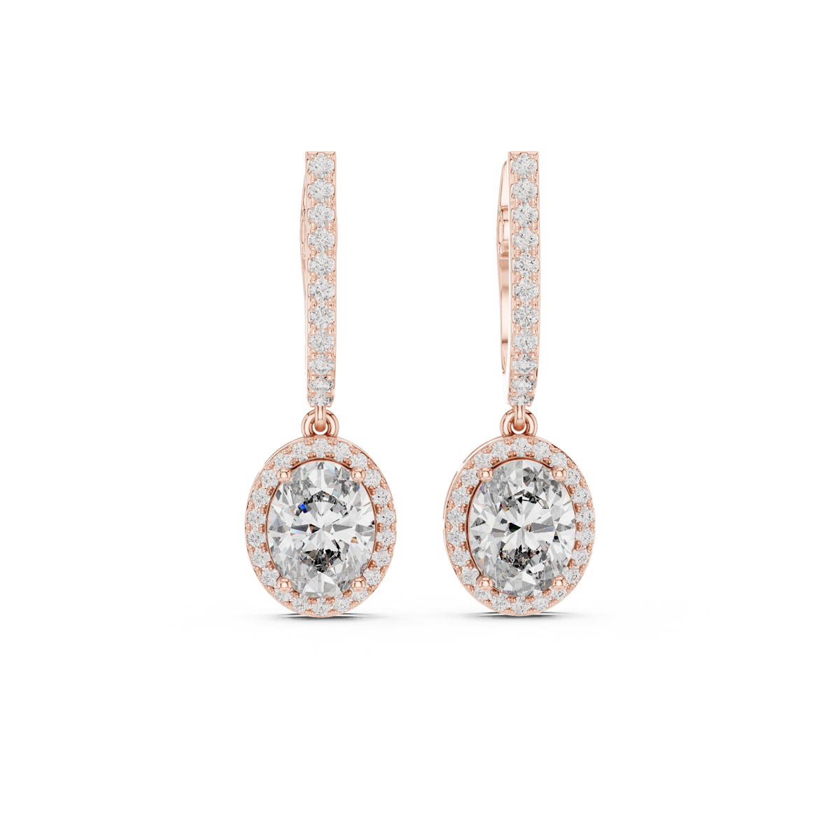 Kleine oorringen met ovale diamanten en halo in roségoud — aanzicht 5