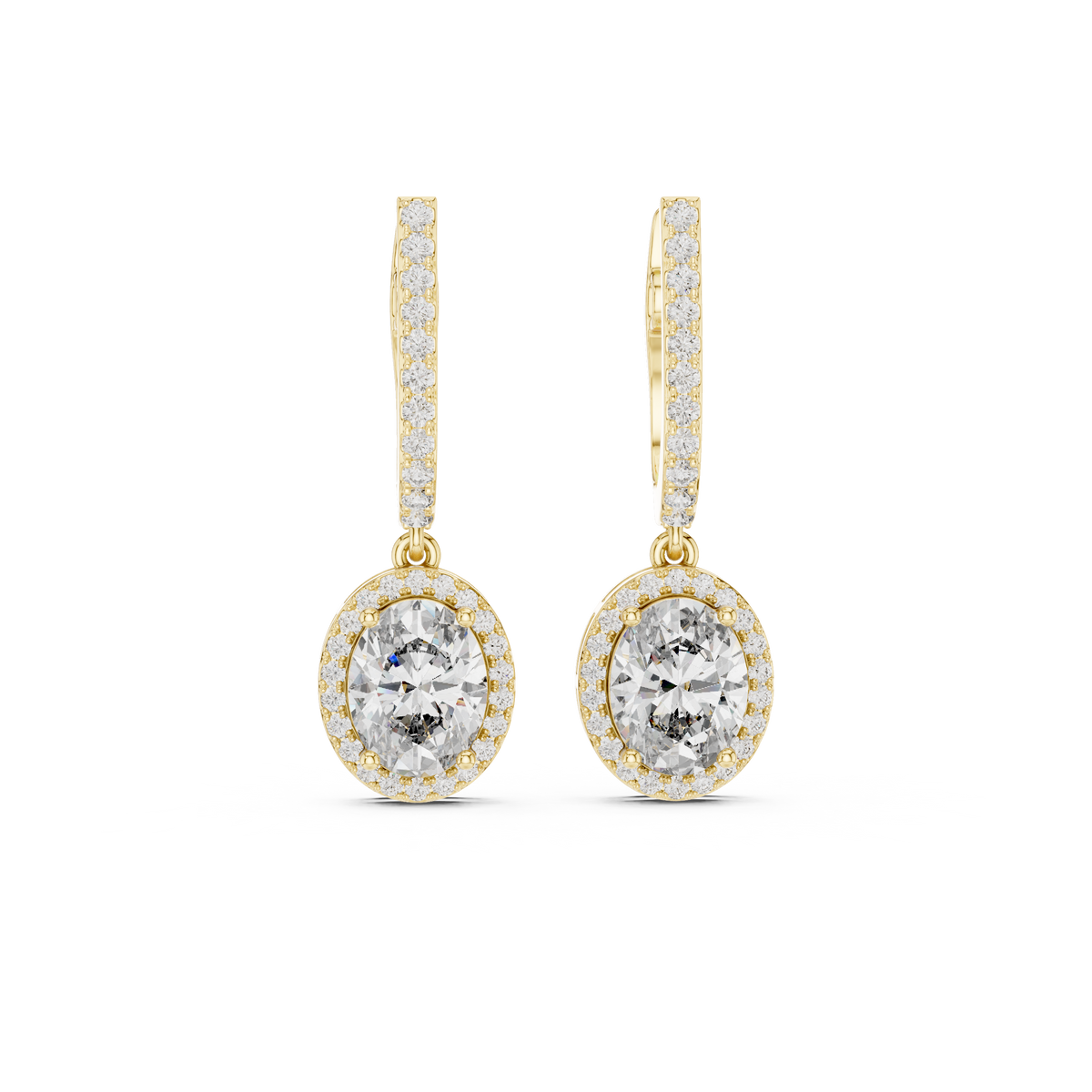 Kleine oorringen met ovale diamanten en halo in geelgoud — aanzicht 9