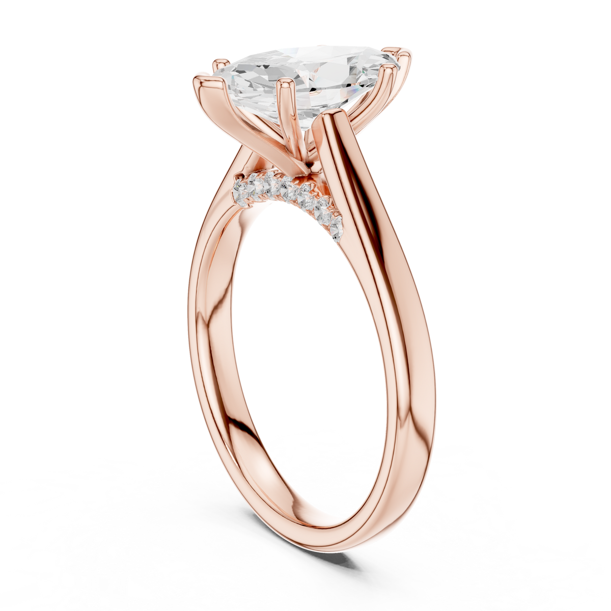 Solitairering met marquisegeslepen diamant en gesplitste ringscheen in roségoud — aanzicht 6