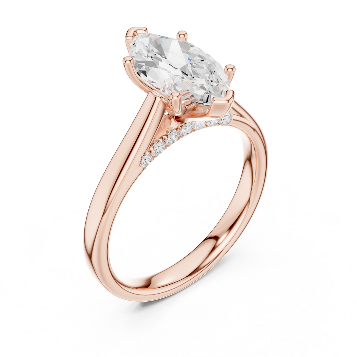 Solitairering met marquisegeslepen diamant en gesplitste ringscheen in roségoud — aanzicht 7