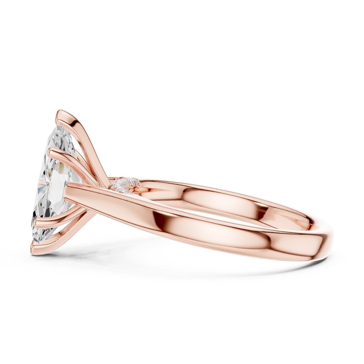 Solitairering met marquisegeslepen diamant en gesplitste ringscheen in roségoud — aanzicht 8
