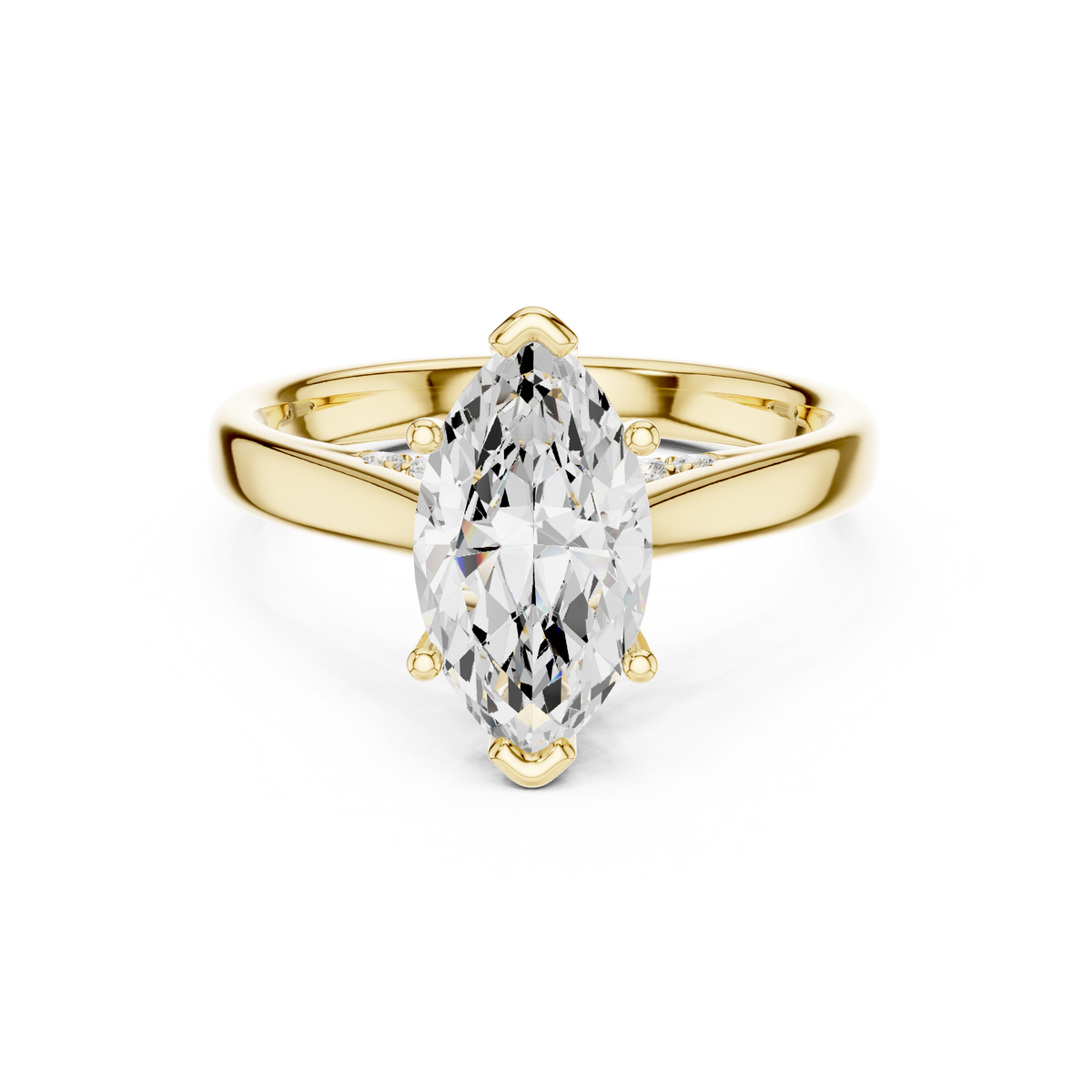 Solitairering met marquisegeslepen diamant en gesplitste ringscheen in geelgoud — aanzicht 1