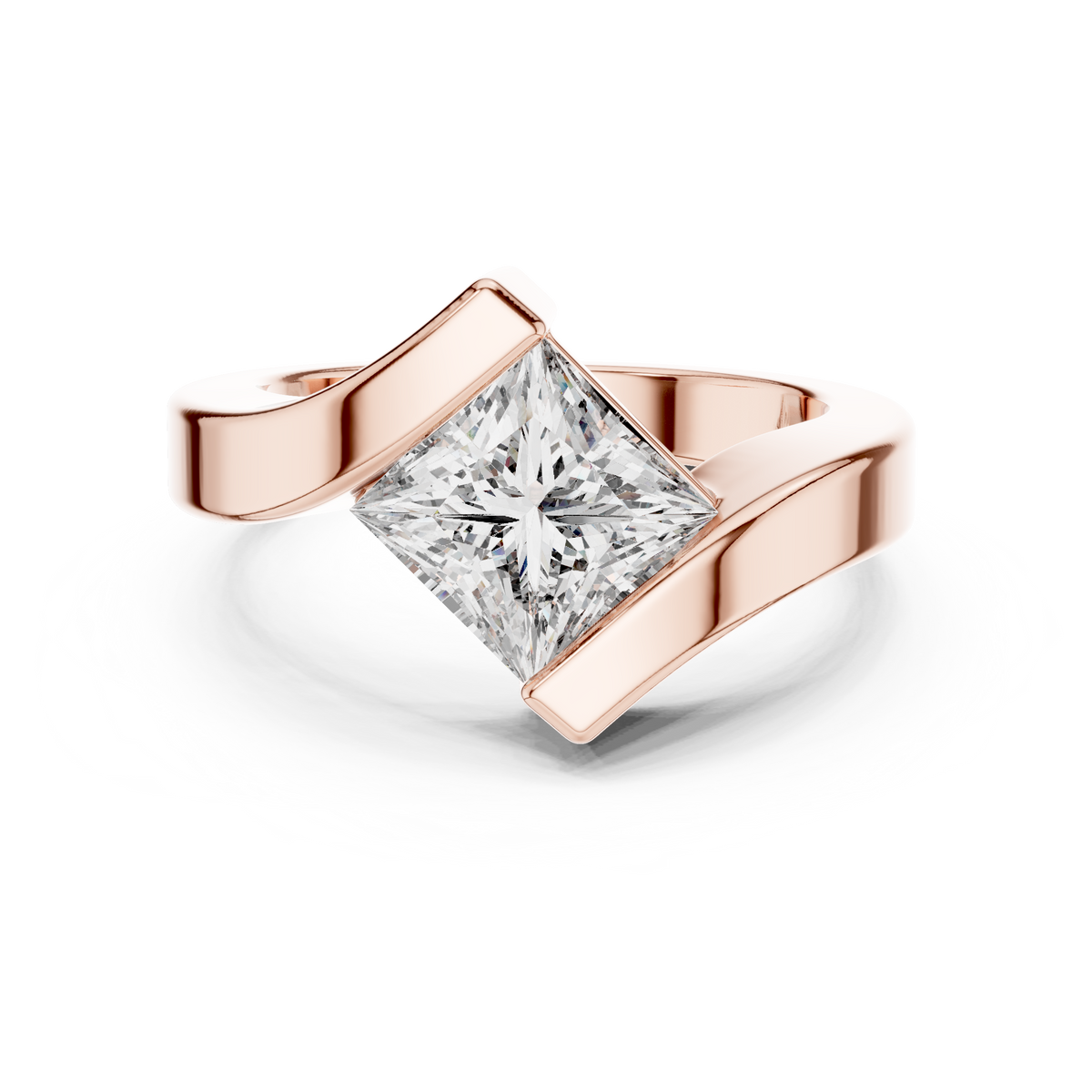 Open ring met overlappende uiteinden en princessgeslepen diamant in roségoud — aanzicht 2