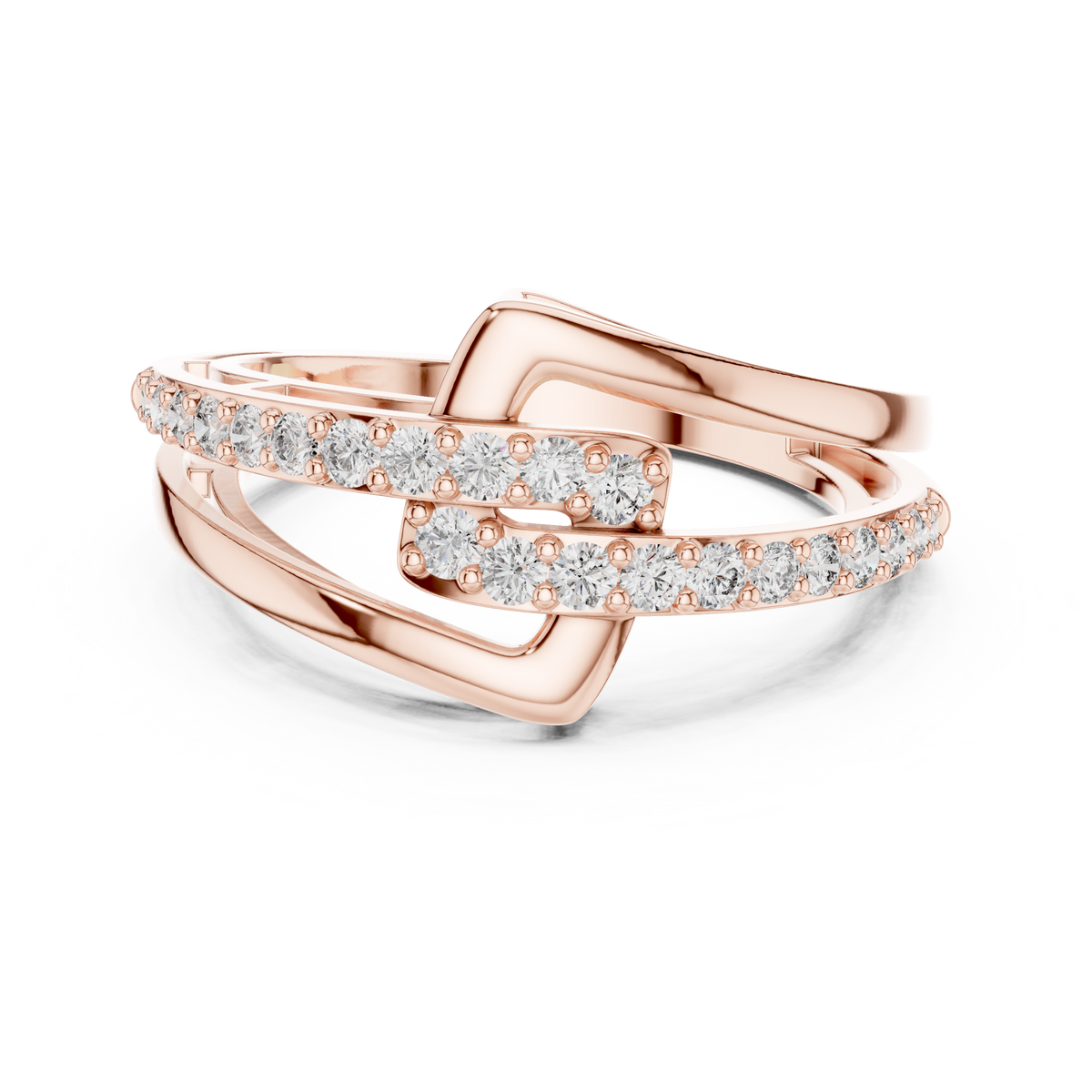 Open diamanten ring met ineengrijpende banden in roségoud — aanzicht 8