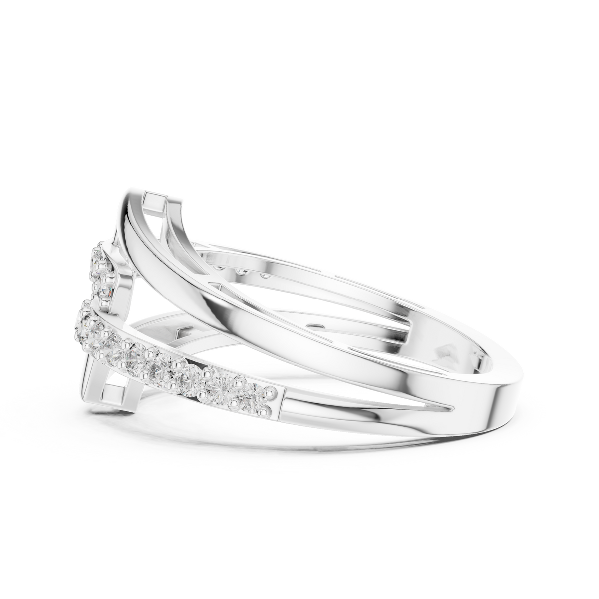 Open diamanten ring met ineengrijpende banden in witgoud — aanzicht 9