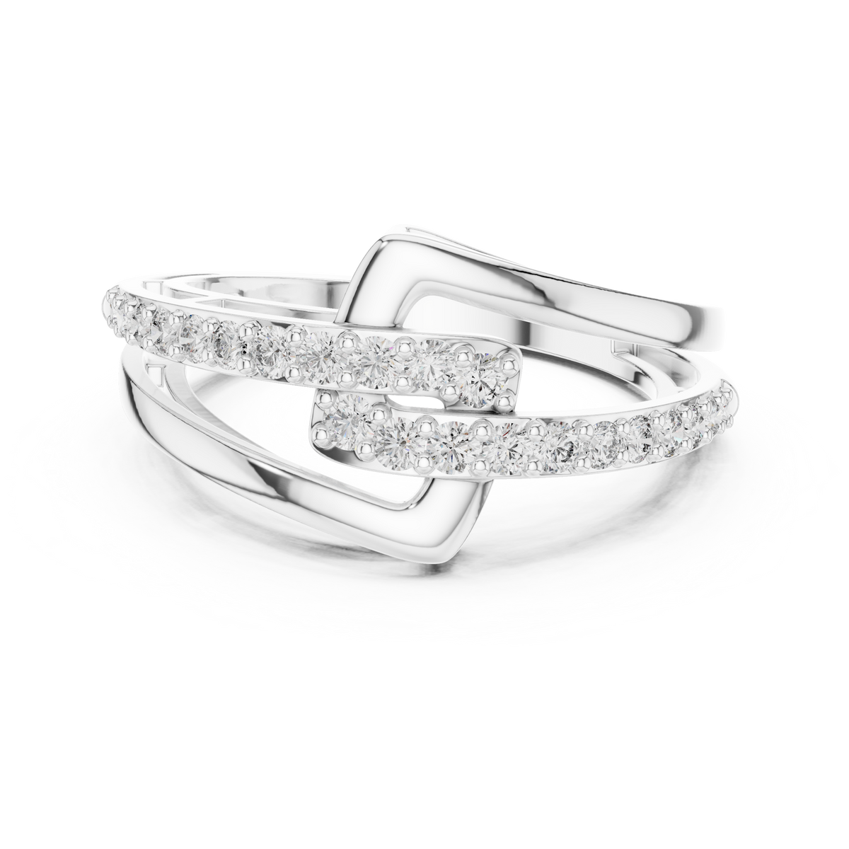 Open diamanten ring met ineengrijpende banden in witgoud — aanzicht 10