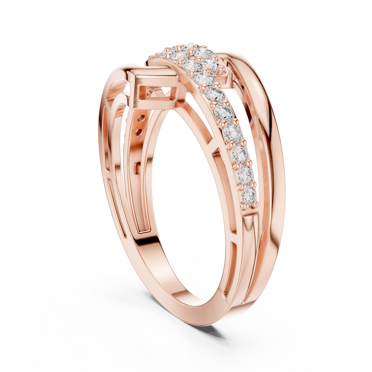 Open diamanten ring met ineengrijpende banden in roségoud — aanzicht 4