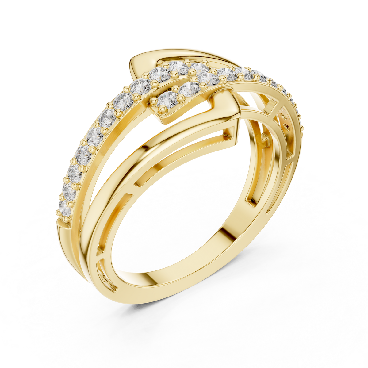 Open diamanten ring met ineengrijpende banden in geelgoud — aanzicht 1
