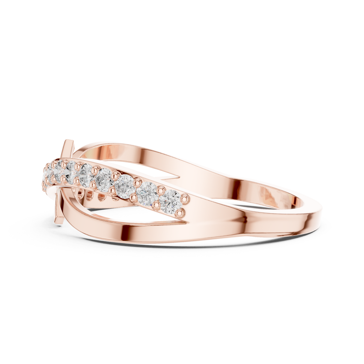 Diamanten ring met kruisend oneindigheidsmotief in roségoud — aanzicht 7