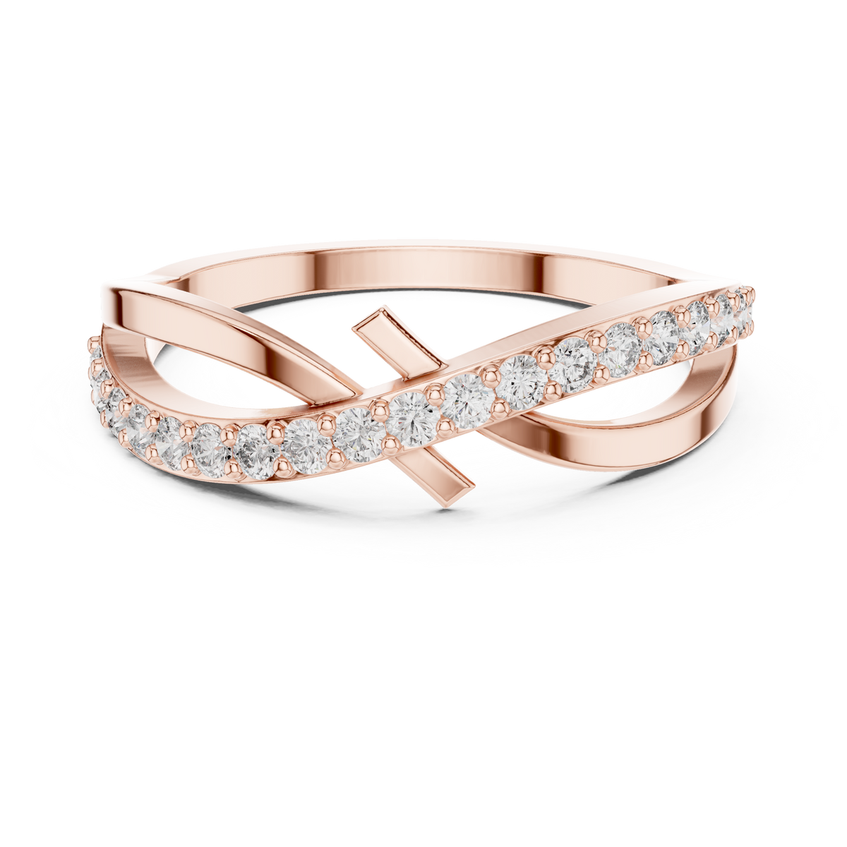 Diamanten ring met kruisend oneindigheidsmotief in roségoud — aanzicht 8