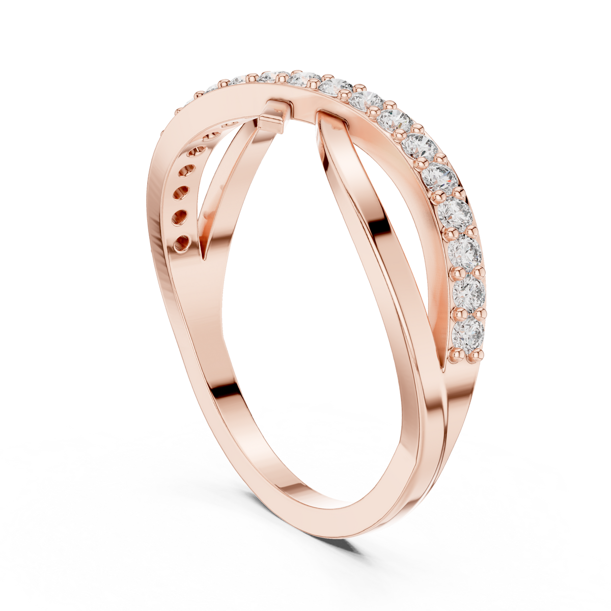 Diamanten ring met kruisend oneindigheidsmotief in roségoud — aanzicht 4