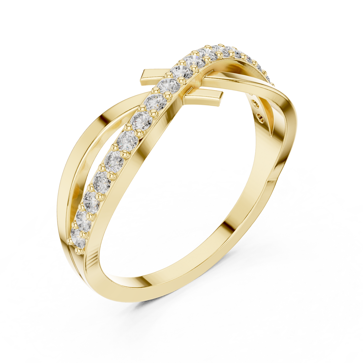 Diamanten ring met kruisend oneindigheidsmotief in geelgoud — aanzicht 1