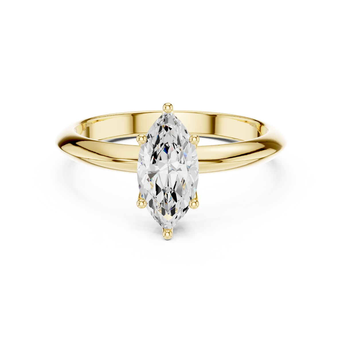 Solitairering met marquisegeslepen diamant in geelgoud — aanzicht 1