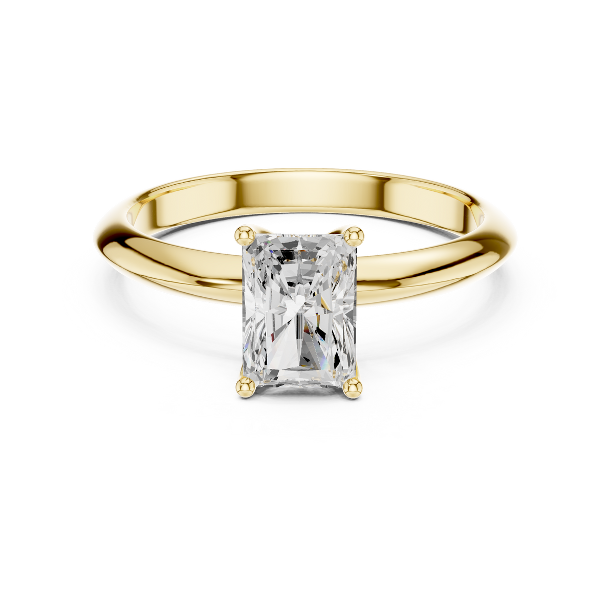 Solitairering met radiantgeslepen diamant in geelgoud — aanzicht 1