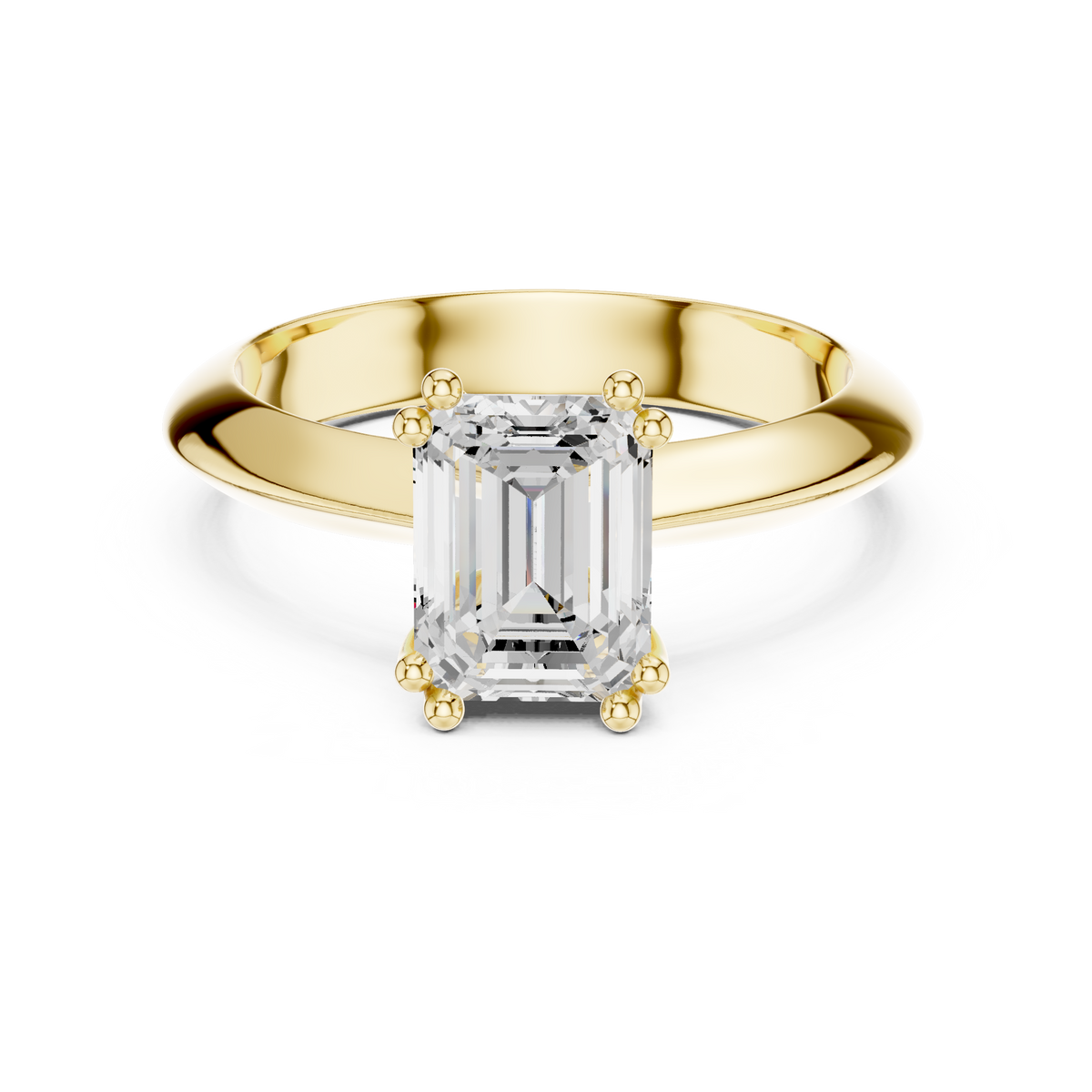 Solitairering met emeraldgeslepen diamant in geelgoud — aanzicht 1
