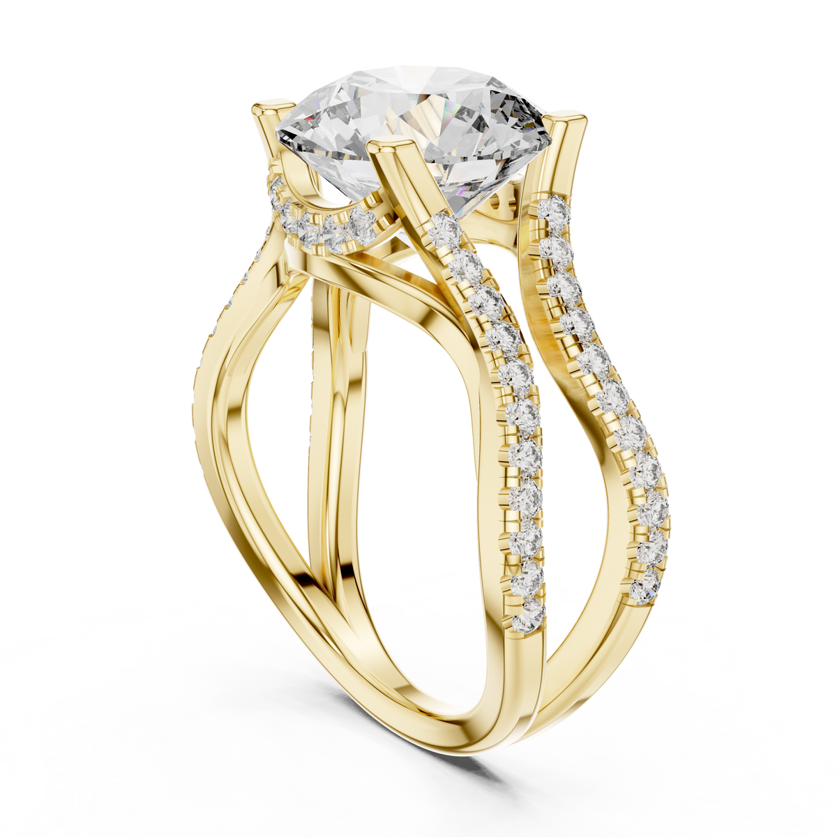 Round Diamond Split-Shank Pavé Engagement Ring in yellow gold, view 10