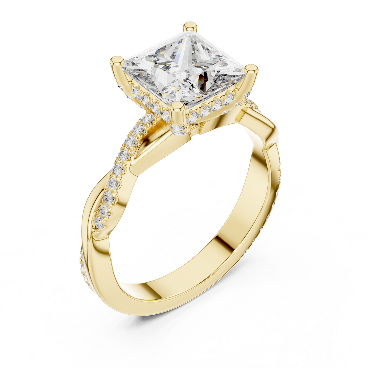 Ring met princessgeslepen diamant en gedraaide ringscheen in geelgoud — aanzicht 1