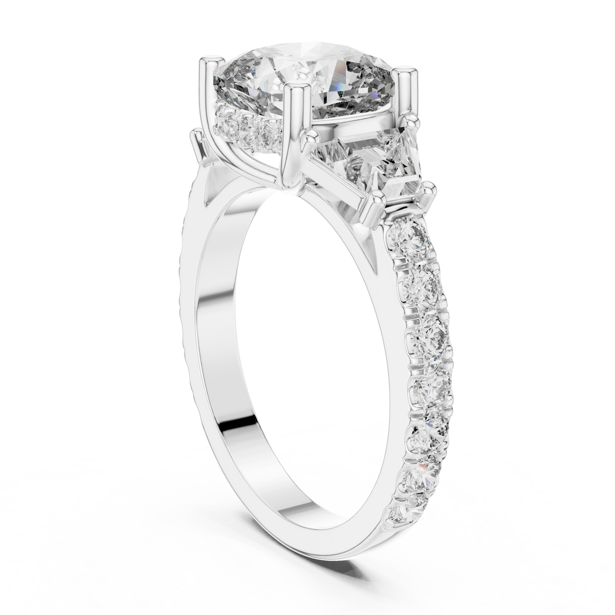 Cushion Diamond Three-Stone Pavé Ring in white gold, view 7