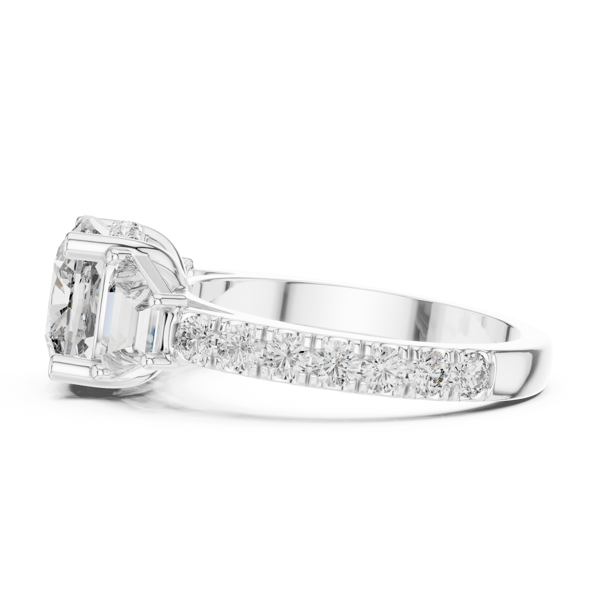 Cushion Diamond Three-Stone Pavé Ring in white gold, view 8