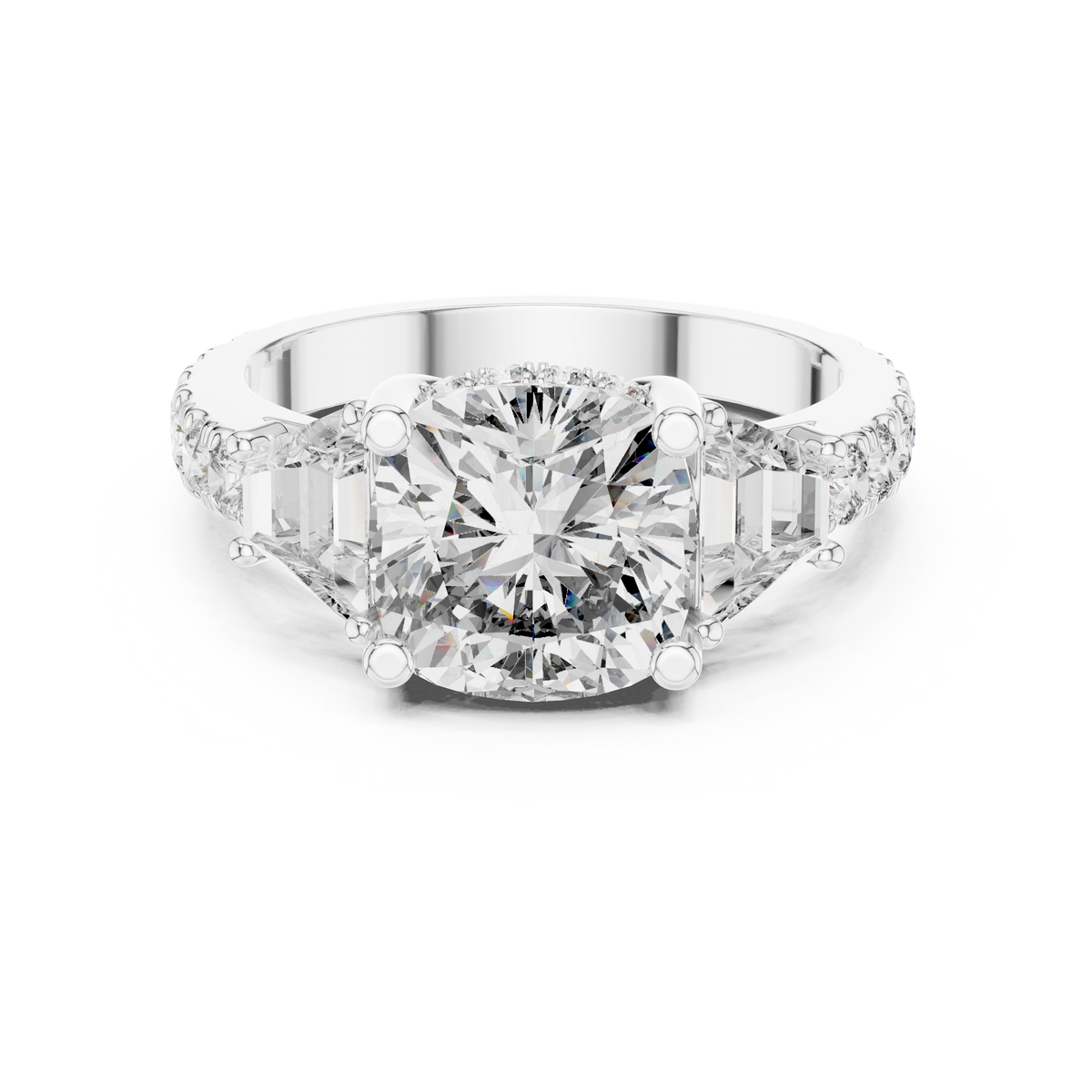 Cushion Diamond Three-Stone Pavé Ring in white gold, view 9