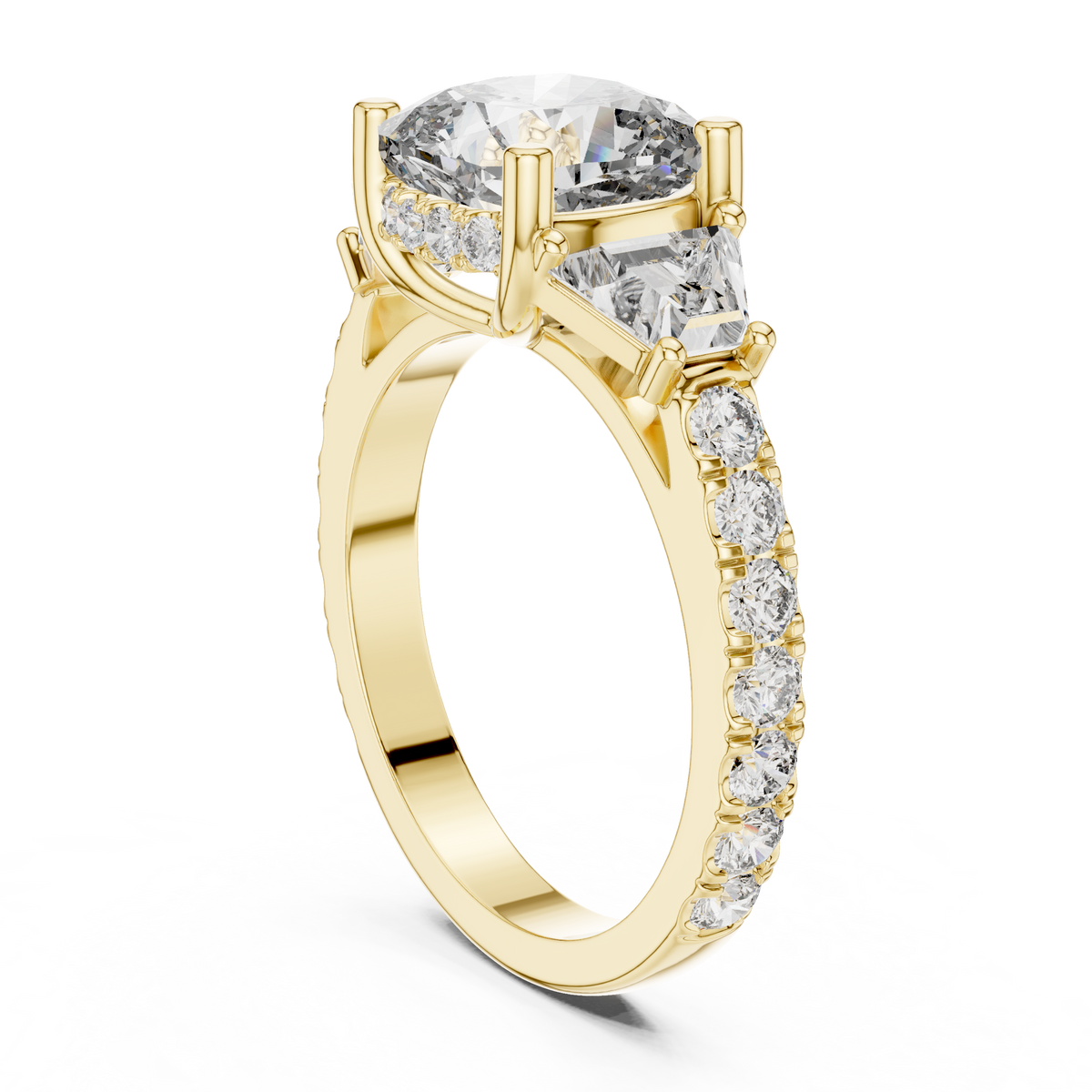 Cushion Diamond Three-Stone Pavé Ring in yellow gold, view 10