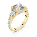 Cushion Diamond Three-Stone Pavé Ring in yellow gold, view 1