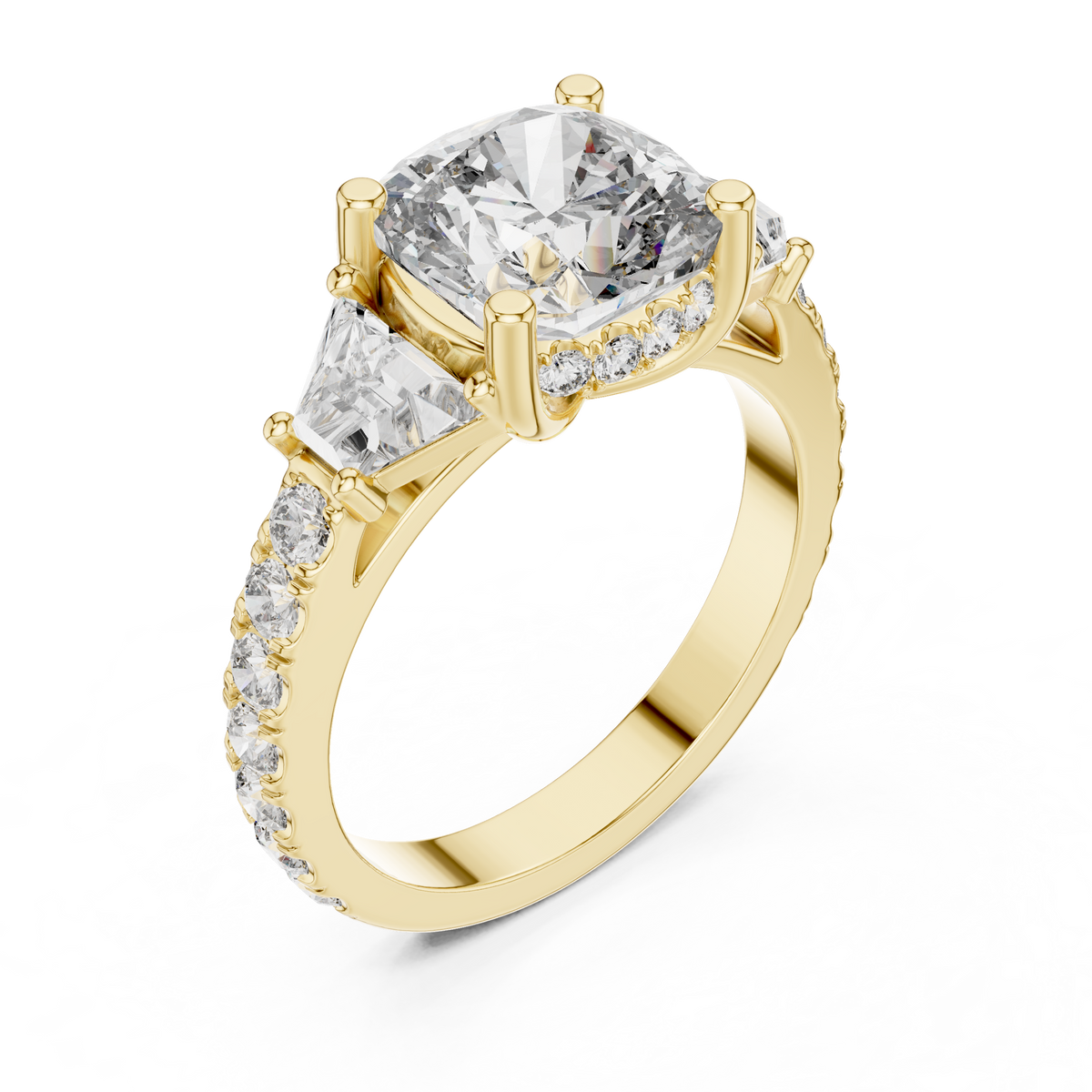 Cushion Diamond Three-Stone Pavé Ring in yellow gold, view 1