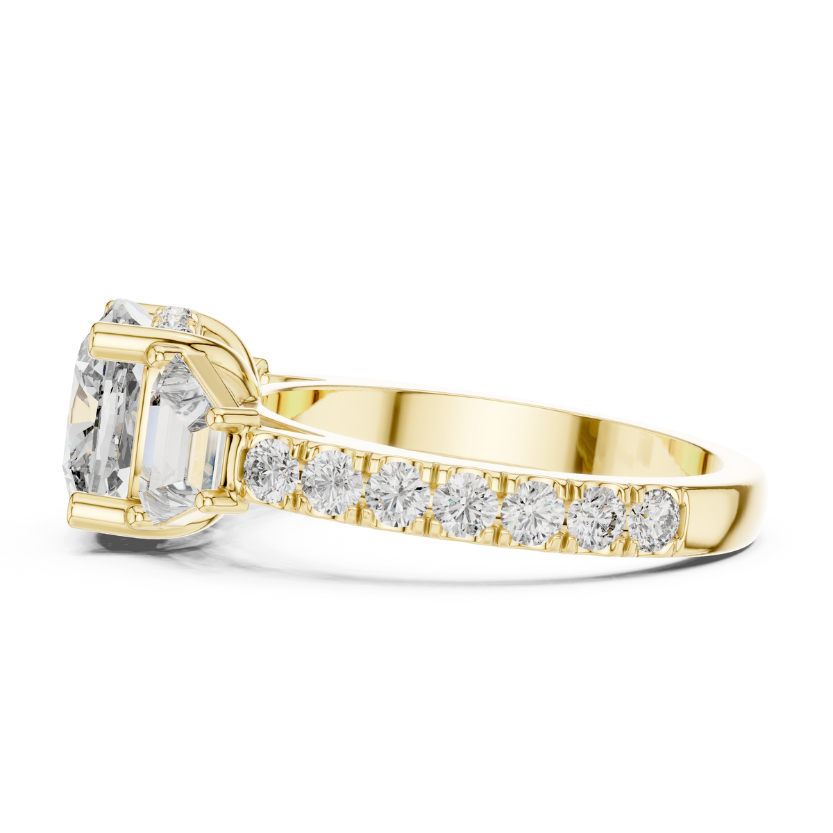 Cushion Diamond Three-Stone Pavé Ring in yellow gold, view 11