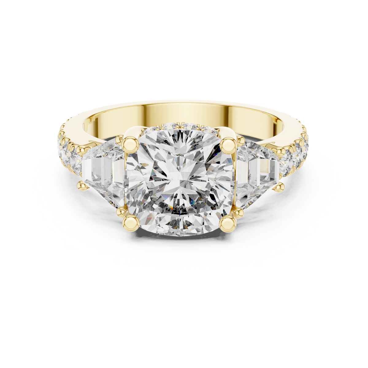 Cushion Diamond Three-Stone Pavé Ring in yellow gold, view 12