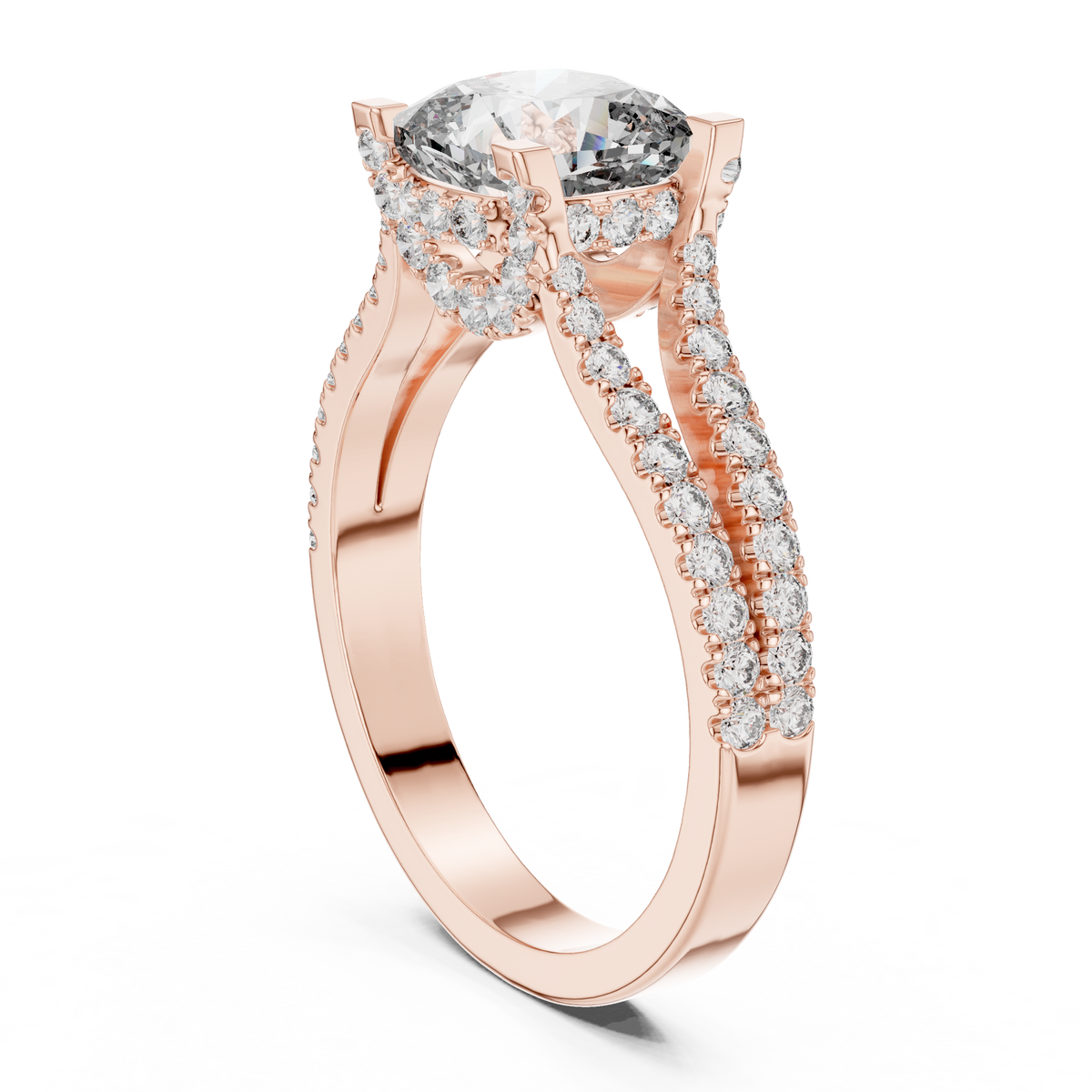 Haloring met kussengeslepen diamant en gesplitste ringscheen in roségoud — aanzicht 4