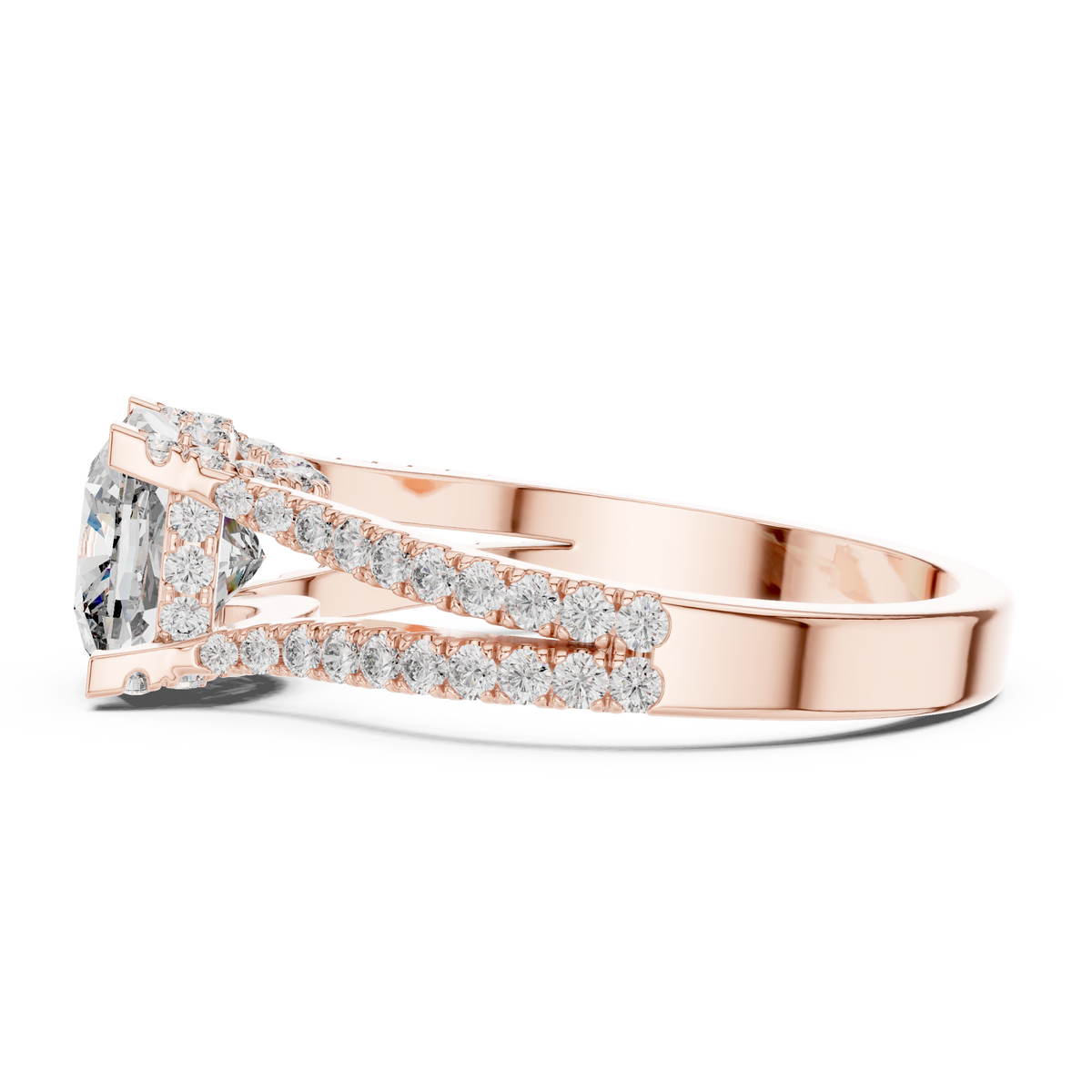 Haloring met kussengeslepen diamant en gesplitste ringscheen in roségoud — aanzicht 5